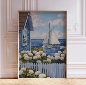 Coastal Beach with White Hydrangeas and Sailboat Wall Art Print - Picture 1 of 6