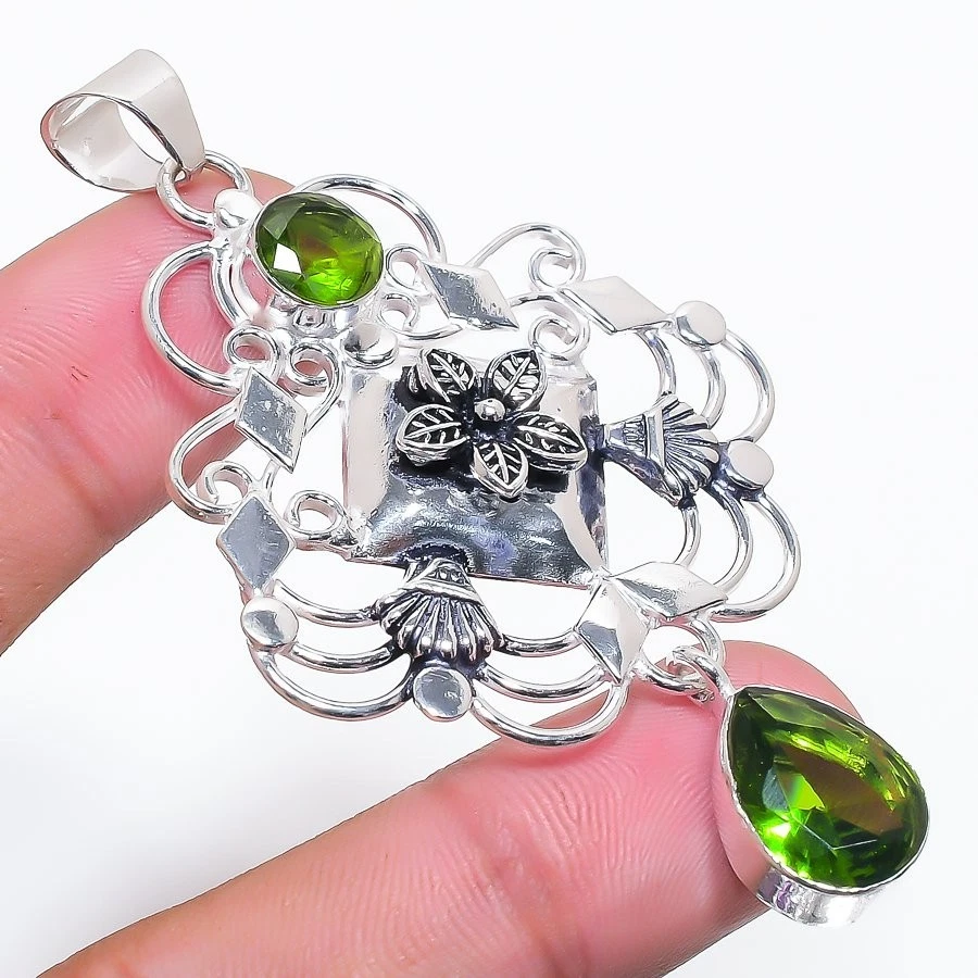 Green Peridot Gemstone Handmade 925 Sterling Silver Jewelry Pendant Size 2.5" - Image 1 of 1