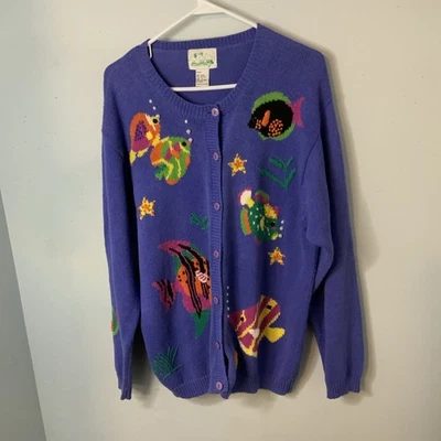The Quacker Factory Woman's Large Knit Cardigan Sweater Ocean Fish Ocean Purple - Image 1 of 4