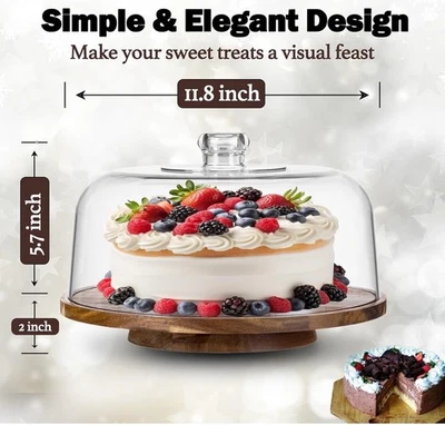 10" Rotating Cake Stand with Acrylic Dome Lid - 360 Degree Acacia Wood Spinni... - Image 1 of 4
