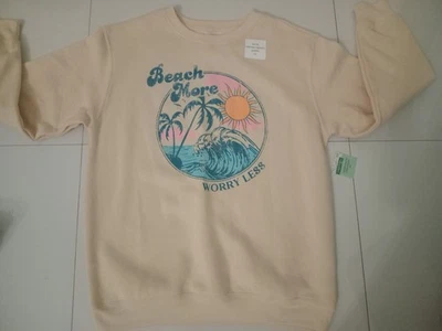  Новый FREEZE толстовка "Beach больше беспокоиться меньше" бежевый Spring Beach Sz L 60% хлопок - Изображение 1 из 4