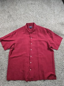 Vintage Lands End Shirt Men XL Red Silk Linen Blend Hawaiian Button Up Camp - Picture 1 of 9