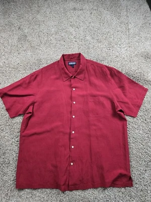 Vintage Lands End Shirt Men XL Red Silk Linen Blend Hawaiian Button Up Camp - Image 1 of 4