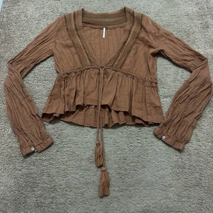 Free People Oberoi Tie Front Long Sleeve Peplum Top Size Medium Brown Boho - Picture 1 of 6