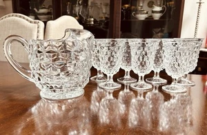 7 Vintage Fostoria American Glassware Cubist Footed Glasses 5..75” W/6” Pitcher - Picture 1 of 21