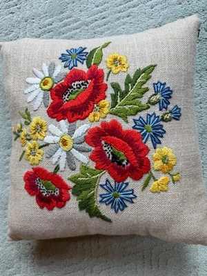 Embroidered Floral Burlap Throw Pillow 15"  X 15" - Image 1 of 4