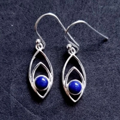 925 Argento Sterling Lapislazzuli Gemme Fatto a Mano Orecchini Pendenti - Immagine 1 di 4