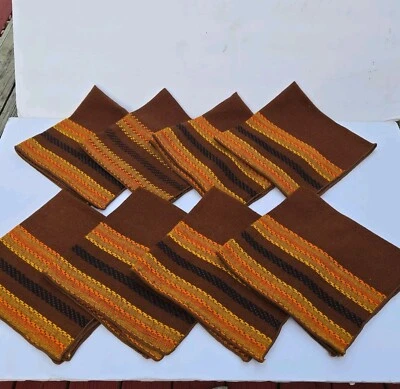 Cloth Dinner Napkins 8PC Woven Brown Yellow Orange Stripe Fall Thanksgiving EXC - Image 1 of 4