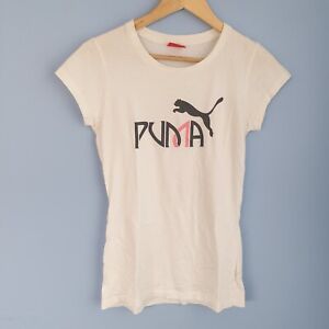 Puma T-shirt Women's Size 8 White Cotton Tee Sports Cat Logo Athleisure