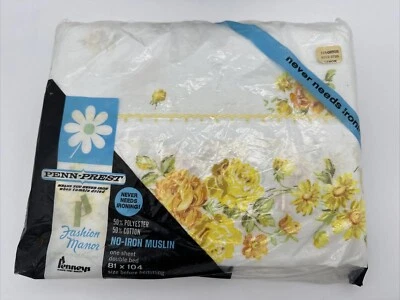 复古 Penn-Prest 时尚庄园双人床黄色花卉,1 张床单 81 x 104 全新 — 第 1/4 张图片