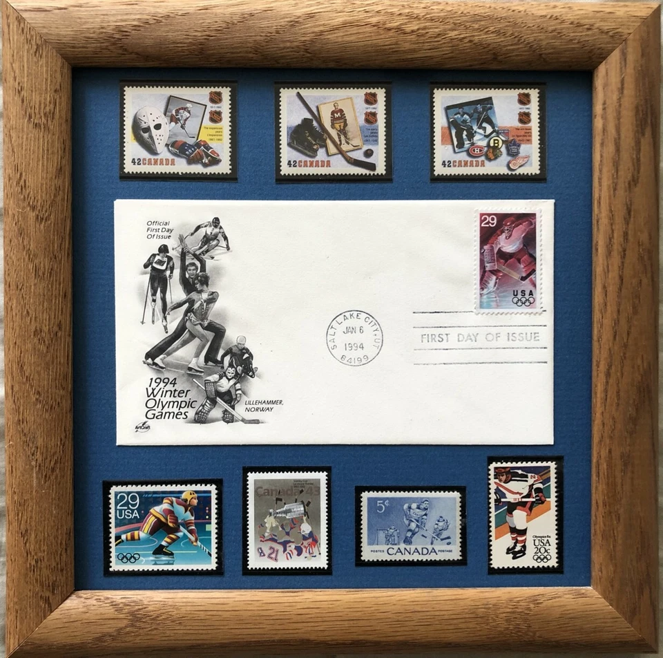 1994 Winter Olympics First Day Cover FDC plus 7 Canada USA Hockey stamps FRAMED - Image 1 of 1