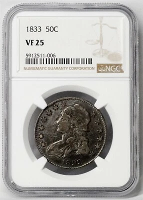 1833 VF25 Capped Bust Half Dollar 50C Coin US Mint 90% Silver NGC Free Shipping - Image 1 of 4