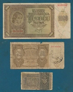 Croatia (NDH) WWII banknotes, 1000 Kuna 1941, 10 Kuna 1941 stamp, 1 Kuna 1942 ! - Picture 1 of 2