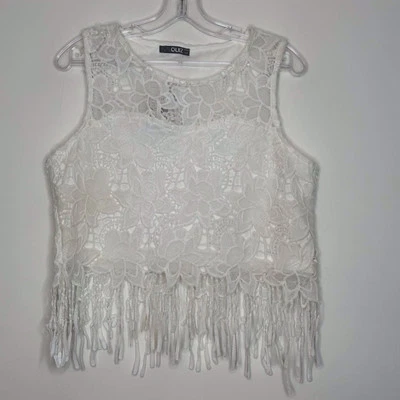 Blusa corta Quiz talla 14 blanca borla dobladillo bordado floral sin mangas Bn Foto 1 de 4