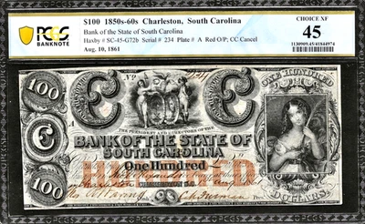 8/10/1861 Charleston South Carolina Obsolete Banknote $100 Note PCGS Choice XF45 - Image 1 of 2