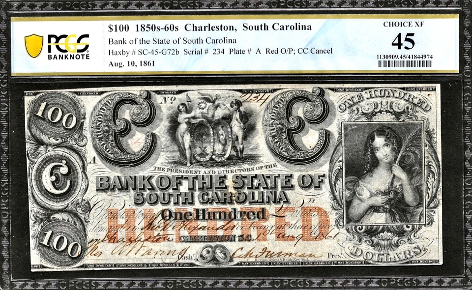 8/10/1861 Charleston South Carolina Obsolete Banknote $100 Note PCGS Choice XF45 - Image 1 of 2