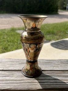 Vintage 6" Messing Vase graviert ägyptische Ware Kupfer Silber Akzente Hieroglyphen - Bild 1 von 8