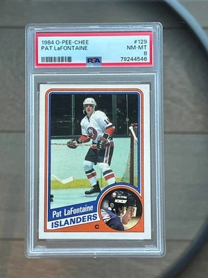 Tarjeta de hockey de novato 1984 O-Pee-Chee #129 Pat LaFontaine PSA 8 casi nueva-como nueva - preciosa Foto 1 de 2
