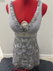 Sue Wong Nocturne Beaded Dress 4 Silver Floral Embroidery Party Cocktail - Picture 1 of 9