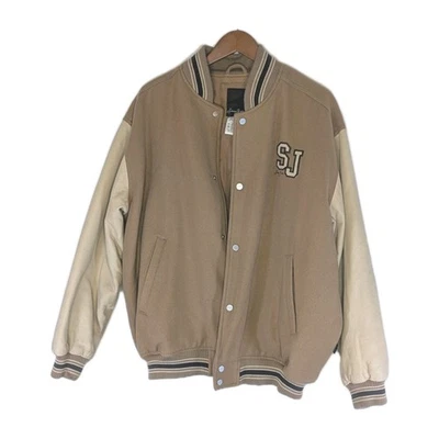 Auténtica Chaqueta de Bombardero Estilo Universitario Sean John Marrón Camel/Beige Lana/Cuero Foto 1 de 4
