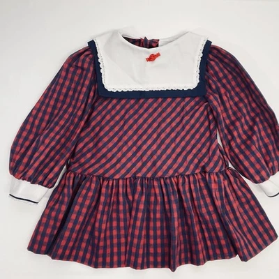 Vintage Bryan Dress Size 2T Red Blue Gingham Drop Waist Bib Collar Eyelet - Image 1 of 4