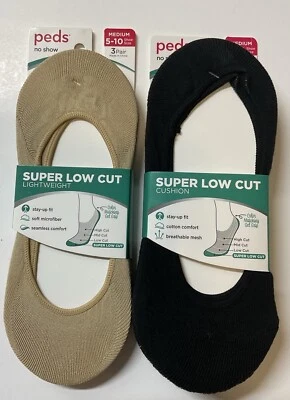 Nuevo en Paquete Lote de 6 Pares Peds Corte Súper Bajo No Show Forro Calcetines Desnudos y Negros Talla 5-10 Foto 1 de 4