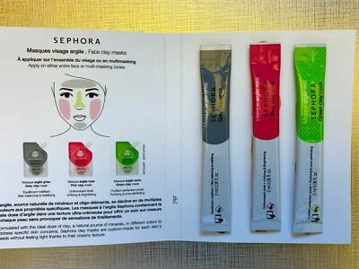 3 SEPHORA FACE CLAY MASKS PINK GREY GREEN 9 MASKS TOTAL 2 ML/0.06 FL.OZ. EACH - Image 1 of 3