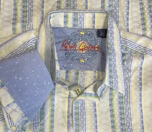 Robert Graham Men's Blue Green Yellow Stripe dot Flip Cuff Shirt Easter Artsy L - Picture 1 of 16