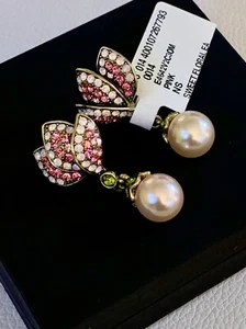 Heidi Daus Pink Green Crystal Rhinestone Earrings Floral Pearl Drop Signed - Picture 1 of 5