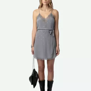 Zadig&Voltaire Damen Strass Spitze V-Ausschnitt Hot Diamond Seide A-Linie Schlupfkleid - Bild 1 von 7