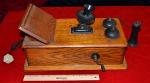 Antique HAND CRANK Wooden Oak Wall TELEPHONE Cracraft Leich, 4 PRONG Phone PLUG - Picture 1 of 17
