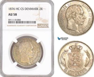 AF741, Denmark, Christian IX, 2 Kroner 1876, Copenhagen, Silver, NGC AU58 - Picture 1 of 1