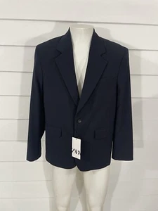 New ZARA MAN Navy Blue Suit Jacket Blazer Button Wool Long Sleeve Size 44 #364 - Picture 1 of 13