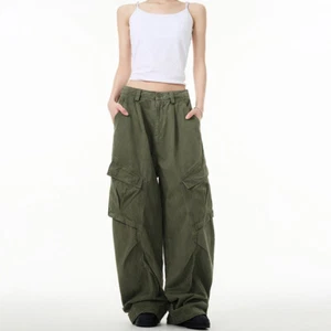 Retro American Style Women Long Straight Pants Cargo Wide Leg Loose Fit Trousers - Picture 1 of 17