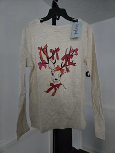 Cat & Jack Long Sleeve Deer Bows Shirt Size Medium 8 OATMEAL COLOR Pullover - Picture 1 of 2