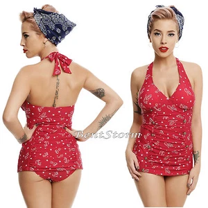 TRAJE DE BAÑO RETRO ROJO 1 PIEZA HALTER TRAJE DE BAÑO TRAJE DE BAÑO Ancla Golondrinas Calavera Cerezas - Imagen 1 de 6