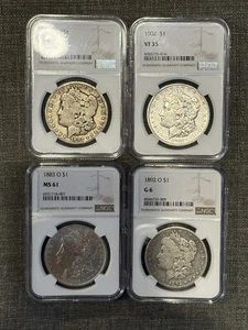Lot - 4) NGC Morgan Silver Dollars - 1882CC G6, 1902 VF35, 1883O MS61 & 1892O G6 - Picture 1 of 2