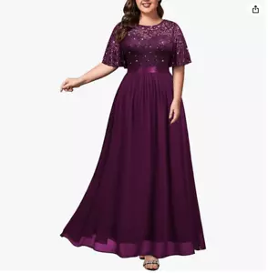 Maxi Vestido Formal Miusol Talla Grande Lentejuelas Encaje Cuello Redondo (Granate, 2XL) - Imagen 1 de 4