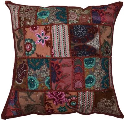 Funda de cojín/almohada de retazos bordados decorativos reales de 20" marrón Foto 1 de 4