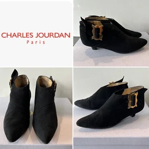 CHARLES JOURDAN Paris 80s Black Suede Leather Bootie, Kitten Heels Shoes 37/7US - Picture 1 of 15