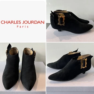 CHARLES JOURDAN Paris Años 80 Negro Gamuza Cuero Botín, Zapatos Tacones Gatito 37/7US Foto 1 de 4