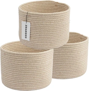 Woven Cotton Storage Baskets - 3-Pack Round Bins (10x10x7'') for Shelves,Closets - Picture 1 of 11