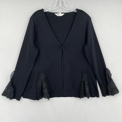 Exclusively Misook Jacket Womens Large Black Floral Lace Ruffle Trim V Neck - Image 1 of 4