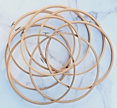 VINTAGE SET Lot OF 8 WOODEN EMBROIDERY HOOPS 12” & 10" ROUND Taiwan - Image 1 of 2