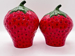 Vintage Dining Green Red Strawberries Salt and Pepper Shakers 5" & 4.5" Tall - Picture 1 of 4
