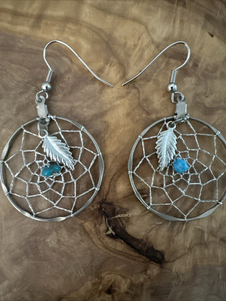Silver Tone Dream Catcher Feather Charm Turquoise Bead Hook Dangle Earrings - Image 1 of 3