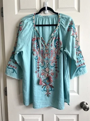 Blusa túnica JOHN MARK azul verdoso floral bordada 100 % lino borlas XL Foto 1 de 4