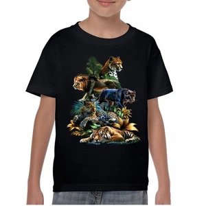 Big Cats Jungle Collage Youth T-shirt Lion Tiger Leopard Animal Jaguar Kids - Picture 1 of 50