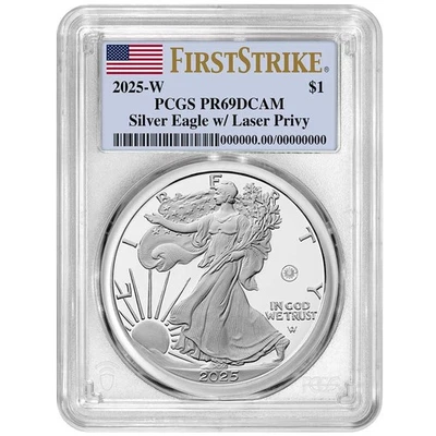 2025-W Prova $1 American Silver Eagle Feixe de Laser Privado PCGS PR69DCAM FS Bandeira - Imagem 1 de 2