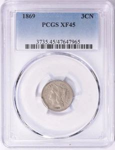 1869 Three Cent Nickel - PCGS XF45 - Nice Coin - Almost AU - Picture 1 of 2